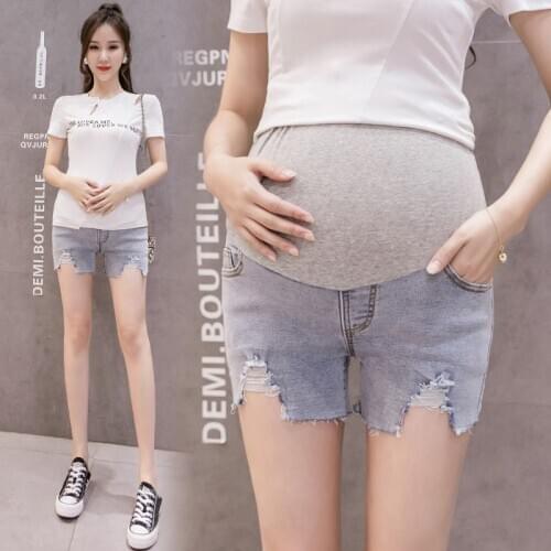 1100# Maternity Jeans Shorts Summer High Waist Cropped Denim Pants Belly Support Abdomen Elastic Waist Maternity Trousers