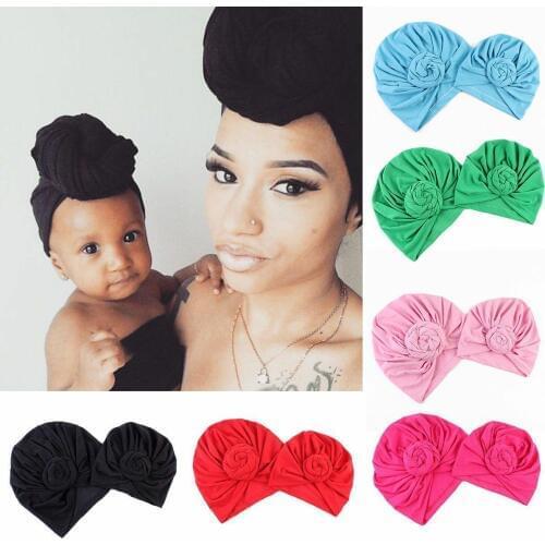 2019 New Womens Babys 2PCS Cotton Solid Knot Head Cover Hat Wrap Turban Cap Cotton Beanie Hat Kid Cap