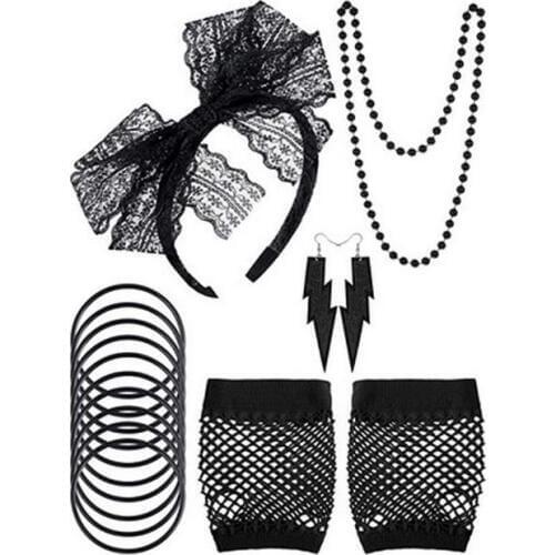 80s Party Props Favors Lace Headband Earrings Fishnet Gloves Necklace Bracelets set Fancy Dress Cosplay Supplies 4colors