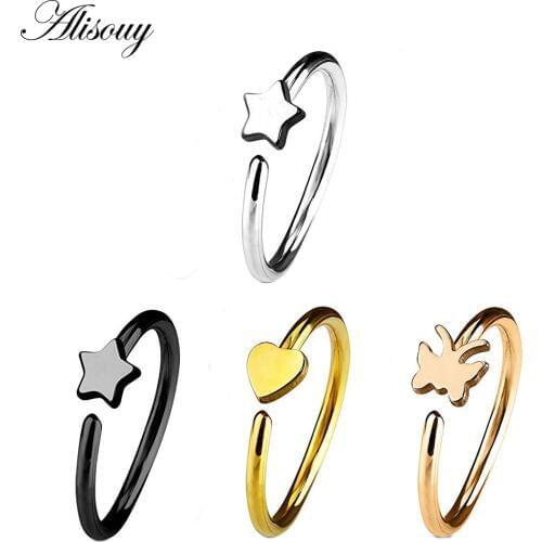Alisouy 1pc Cartilage Star Heart Love Butterfly Nose Piercing Surgical Steel Bendable Hoop Nose Studs Ring Body Jewelry
