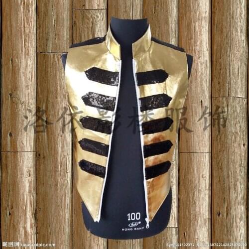 Free ship mens golden black sequined vest stand collar stage performance dance/club/studio vest