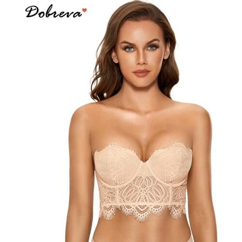 DOBREVA Womens Floral Lace Strapless Bra Lightly Lined Underwire Mini Bustier Longline Multiway Bralette