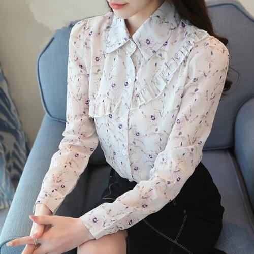 Camisa Chiffon Nova Moda Coreana Babados Blusa de Manga Longa Flor Impresso Mulheres Top blusas mujer