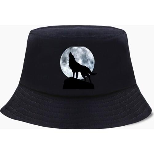 Cool Moon Wolf Panama Cap Bucket Hats Fishing Hat Women Men Bob Fisherman Caps Foldable Cotton Chapeau Sun Prevent Street Wear