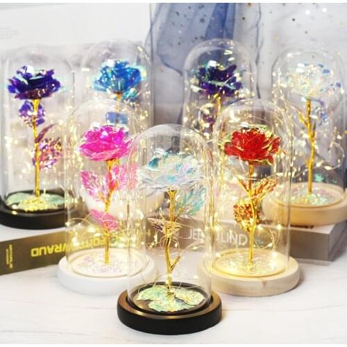 2021 The Beast Red Rose Flower In Glass Dome Wooden Base For Decorate Valentines Day Gifts Christmas LED Rose Lamps