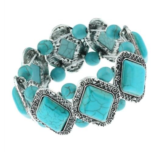 Ethnic Style Silver Plated Alloy Stackable Rhombus Shape Green Turquoises Stone Bracelet for Anniversary Gift Jewelry