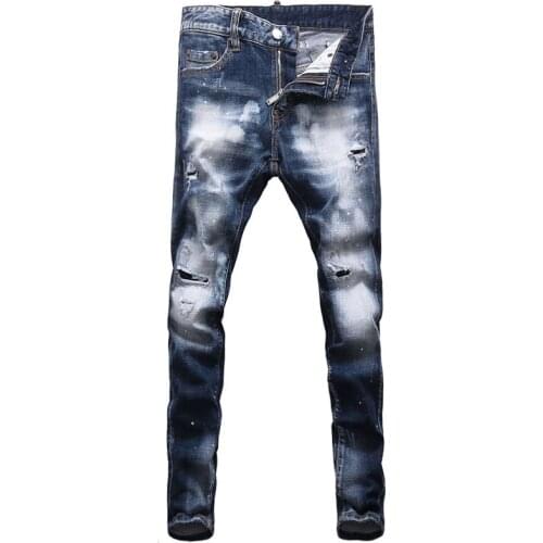 European Vintage Fashion Men Jeans Retro Blue Elastic Slim Fit Ripped Jeans Men Plain Wash Destroyed Hip Hop Denim Punk Pants