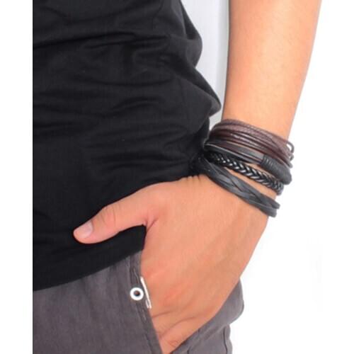 Fishion 4Pcs/Set Vintage Handmade Woven Leather Rope Bracelet Bangle for Men Jewelry Gift