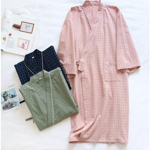 Japanese Kimono Bathrobe Summer New Style Cotton Couple Nightgown Home Service Female Thin Large Size Mens Plaid Kimono Robe