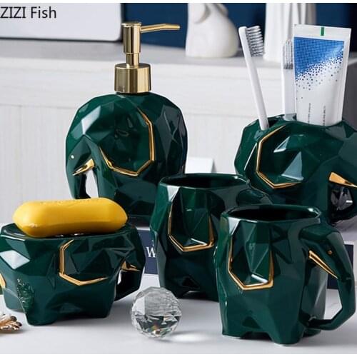Elephant Shaped Ceramic Bathroom Supplies Soap Dispenser and Mouthwash Cup Set Five-piece Set Home Bathroom Accessories Set