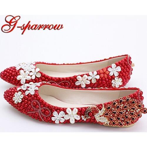 Classic Women Wedding Shoes Red Pearl Flats Phoenix Rhinestone Bridesmaid Shoes Lady Spring Flat Heel Party Shoes Plus Size