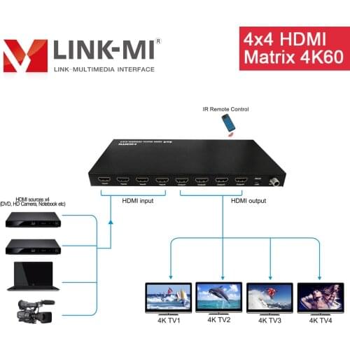 LINK-MI HDMI 4x4 Matrix Support 4K@60Hz YUV4:4:4 18Gbps HDCP2.2 HDR EDID Management Downsacler 4-way Switch Splitter with Remote