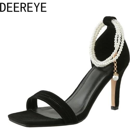 New Arrival Ankle White Pearls Wrap Chunky High Heel 2.5CM Women Sandals Square Toe Casual Flat Shoes Comfortable 2021 Summer