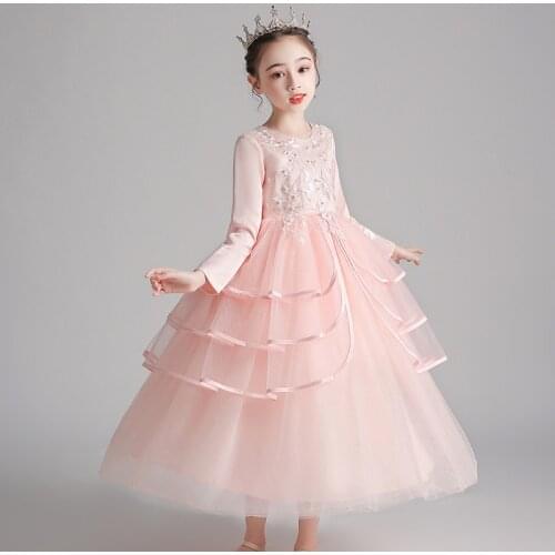 2021 Girls Ployester Princess Dress Winter Piano Evening Dress Kids Children Banquet Temperament Skirt Cute Pink Costume LB216
