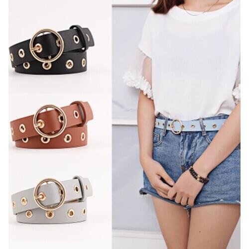 Hot Faux Leather Belt for women Round Metal Pin Buckle Circle Belts Solid Color Punk Belt for jeans luxury brand designer belt