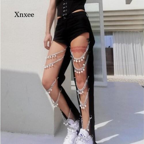 2021 New Chain Broken Hollow Denim Trousers Summer Fashion Y2K Women Clothes Long Pants Jeans Tide Fashion Female Leggings