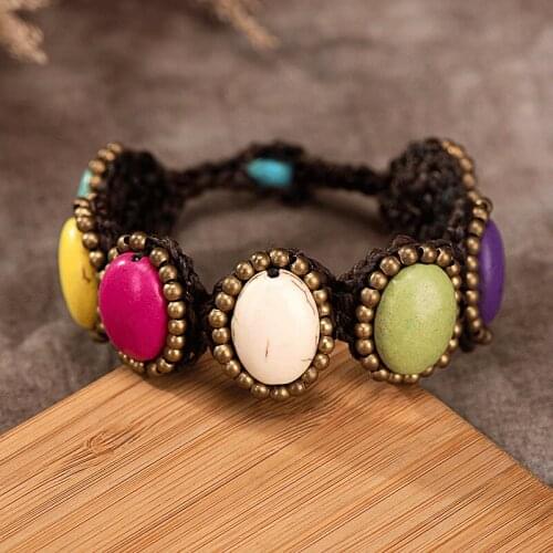 Bohemian Ethnic Style Retro Oval Semi-precious Stones Womens Bracelet Wax Rope Hand-woven Beach Style Female Bangle Jewelry