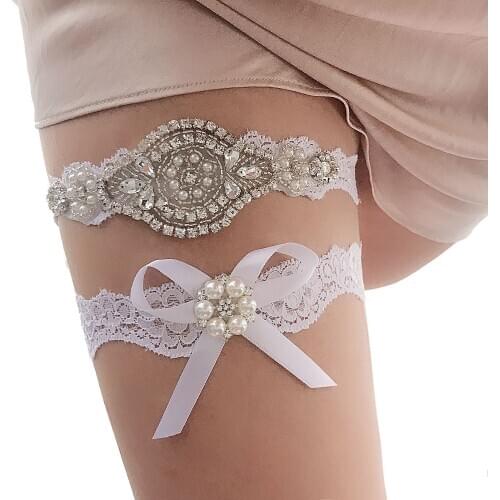 2019 Sexy High Quality Crystal and Pearl Garter Bridal Garter Vintage Rhinestones bridal garter Lace Wedding Garter Set