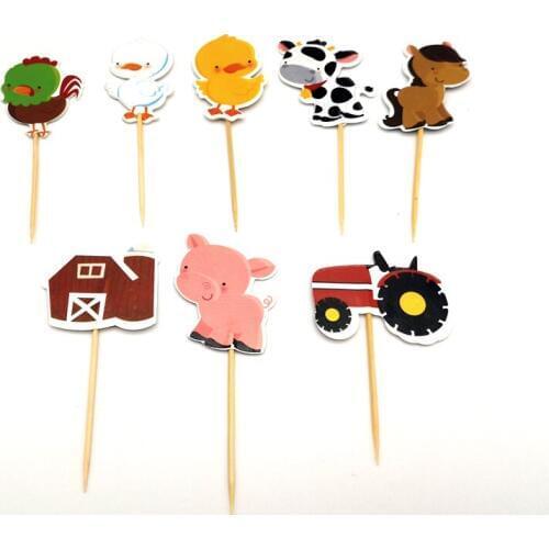 24pcs/lot Birthday Party Decorate Farm animals Cow Theme Cupcake Toppers with Sticks Baby Shower Boys Kids Favors Cake Topper
