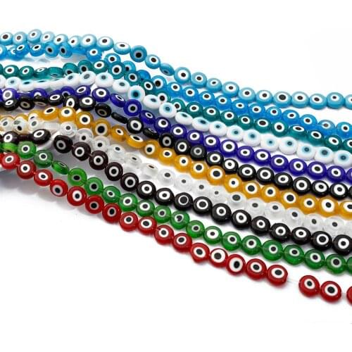 38-60Pcs 6 8 10mm Round Flat Evil Eye Beads Lampwork Glazed Multicolor Glass Beads for Bracelet Necklace DIY Jewelry Making 35cm