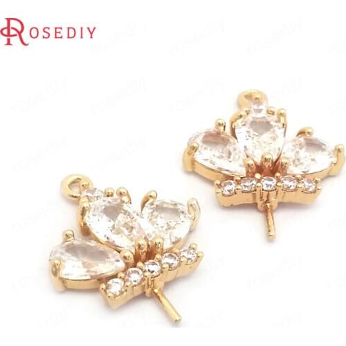 39568)6PCS 14x17MM 24K Gold Color Brass and Zircon with Half Pin Crown Connect Charms Pendants Jewelry Making Diy Accessories