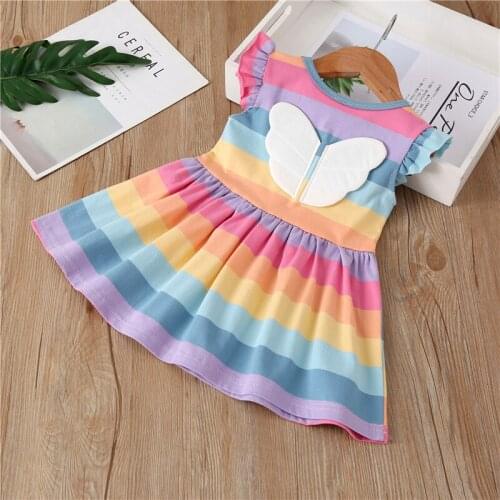 New Arrival Children Wing Style Princess Dress Cotton Striped Rainbow Soft Fashion Casual Baby Bow Style Dress For Girls