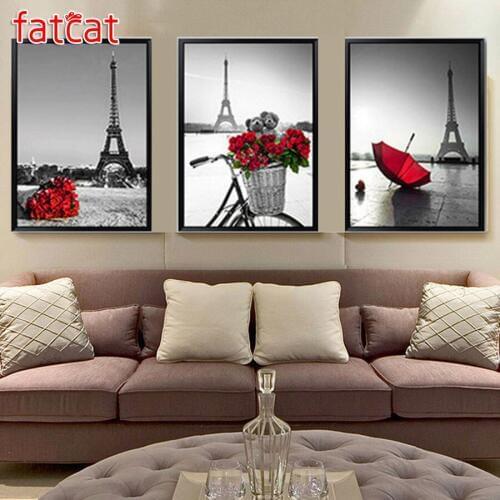 FATCAT Rose bike tower 5D Diy Diamond Painting Triptych full drill mosaic diamond Embroidery flowers Wall Decoration AE1237