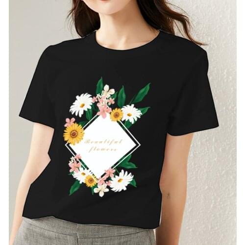 Womens T-shirt Casual Slim Round Neck Classic Daisy Pattern Series Printed Basic Breathable Comfortable Womens Black Top Shirt