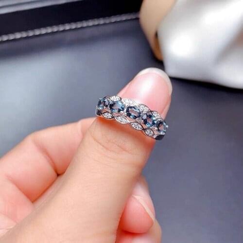 Natural London Blue Topaz Row Ring Autumn New Luxury Chic Ladys Jewelry S925 Silver Plated 18-Karat Gold Engagement