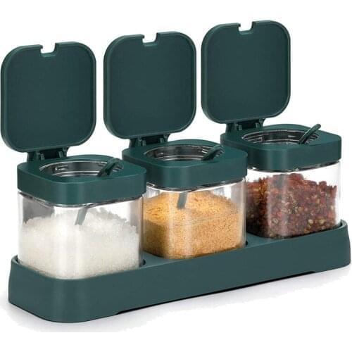 Condiment Jar Spice Container Set of 3 with Lids&Spoons,Clear Glass Condiment Canisters Seasoning Box,for Kitchen,Green