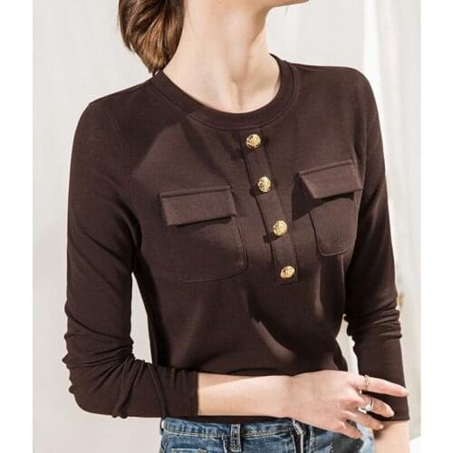 GGRIGHT Korean Tops Women 2021 Spring Pocket Buttons Tshirt Long Sleeve T-shirt Women Black White Brown Tee Shirt Femme Clothing