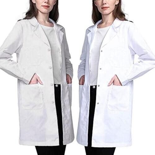 Womens Single Breasted Lab Coat Medical Doctor Blouse Student Scientific Nurse Cosplay Notched Lapel Collar Jacket with Pockets