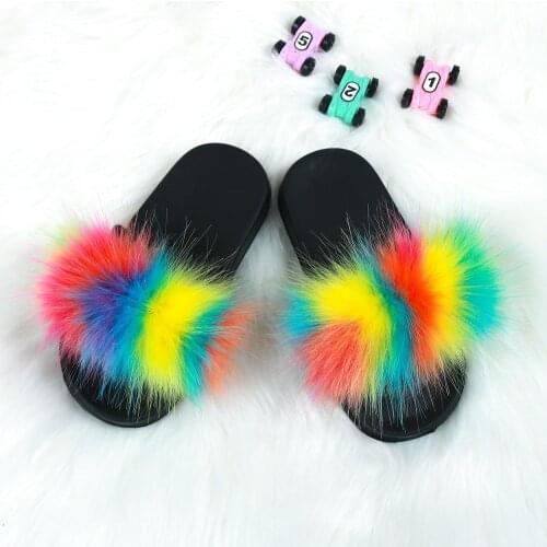Fashion Fur Girl Slippers Princess Shoes Colorful Children Home Flop Flip Boy Furry Sandals Flats Non-Slip Soft Baby Plush Shoes