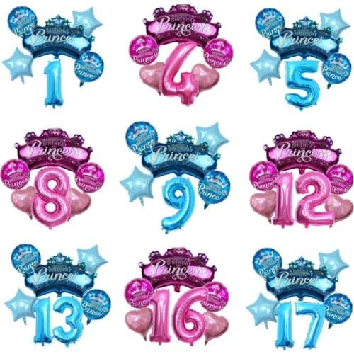 Prince Princess Crown Balloons Set Foil blue pink Crown Balloons And 32inch Number Balloon Theme Birthday Party Decorations Kids