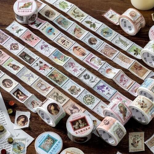 8 Designs Retro Post Office stamps Masking Tapes Bullet Journal Scrapbooking Plant Mucha Tearable Hand Account DIY Deco Stickers