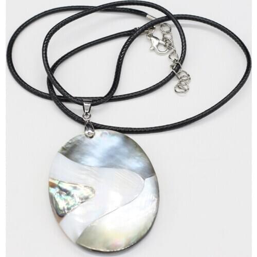 Natural Splicing Colored Shell Pendant Necklace Fashion Oval Shape Leather Rope Jewelry DIY Charms Necklaces Gift for Women Men