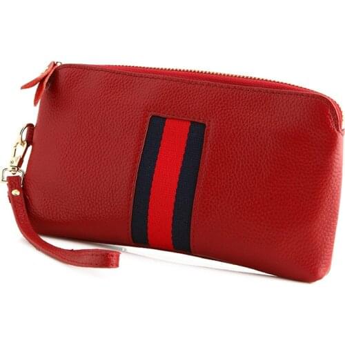 New Womens Stripe Genuine Leather Cowhide Long Wallet Purse Clutch Coin Pocket Hand Bag for Iphone with Wristband