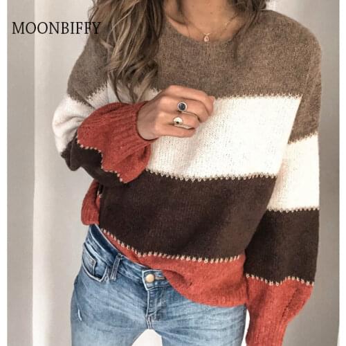 Autumn Winter Long-sleeved Striped Sweater Casual Round Neck Knitted Pullover Tops Women Button Harajuku Hooded Sweater