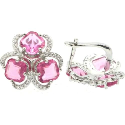 20x17mm Stunning Created Pink Tourmaline White CZ Gift For Ladies Silver Earrings