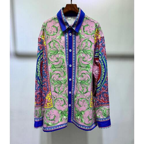 Early Autumn New 8.202120 Fashion Contrast Color Lapel Single Breasted Abstraction Floral Colorful Print Denim Shirt Blouse Coat