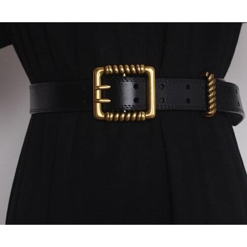 Vintage Metal Buckle Women Jean Belt Real Cow Leather Waist Belt Plain Coffee Genuine Leather Pant Dress Belt Ceinture Cinch