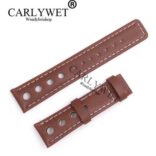 CARLYWET 20mm Popular Real Calf Leather Handmade Brown With White Stitches Wrist Watch Band Strap Belt For T91 PRS516