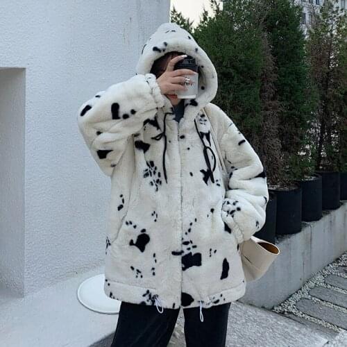 2021 New High-Quality Winter Hooded Faux Fur Coat Casual Plush Jacket Plus Size Loose Parker Womens Warm Cow Print Coat
