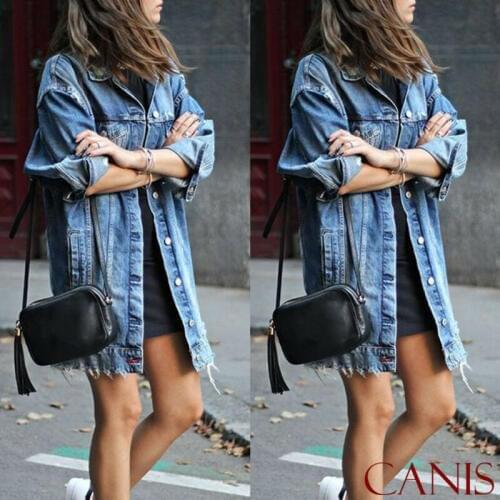 Hot 2019 Basic Long Jeans Coats Women Slim Ripped Denim Jacket Femme Elegant Vintage Frayed Jackets Outwear Casacos Feminino