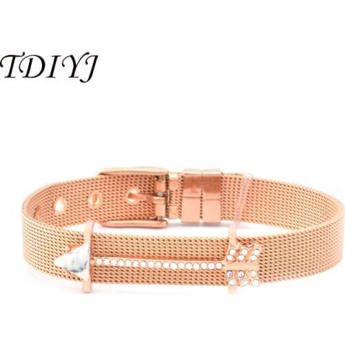 TDIYJ Newest Collection Rose Gold Stainless Steel Mesh Keeper ing Bracelet with Crystal Big Arrow Keeper Slide Charms 1Set