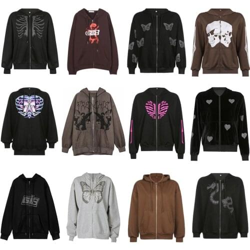 2021 Y2K Aesthetic Hoodies Women Vintage Zip Up Sweatshirt Winter Jacket Clothes Pockets Long Sleeve Hooded Pullovers