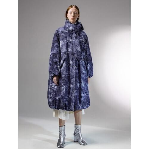 Winter 11.11Original Design Women Casual Oversized Thick Warm Tie-Dyed Blue Long Jacket W/T Down Scarf Coat
