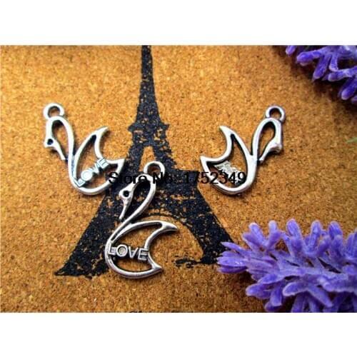 20pcs--Swan Charms, Antique SILVER love Swan Birds Charm Pendant 29x17mm