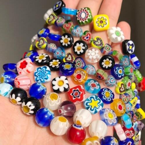 4 6 8 10mm Flower Patterns Millefiori Lampwork Glass Beads for Jewelry Making DIY Bracelet Loose Flat Round Crafts Beads 15inch
