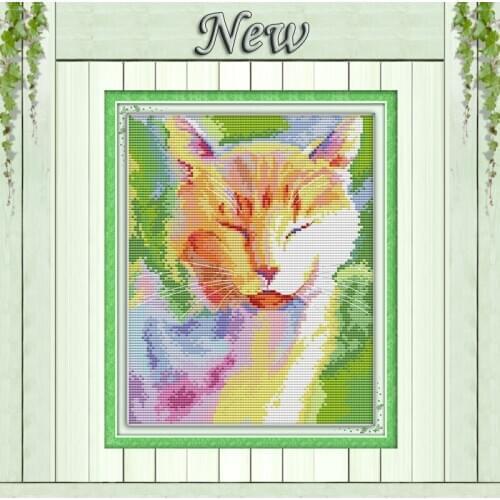 Watercolor cat in the sun animals paintings counted printed on canvas DMC 11CT 14CT kits Cross Stitch embroidery needlework Sets